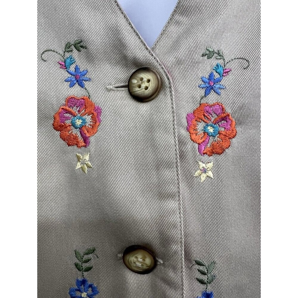 Vtg Women‎ Vest Embroidered XL Floral Khaki Plaid Reversible Cottagecore Granny - Picture 3 of 7